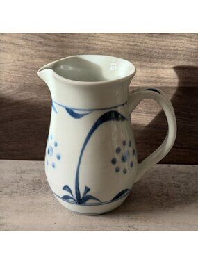 Vintage Tobe Ware Blue Sun Japan Baizan Kiln Ceramic Pitcher Hand Painted 6.5"